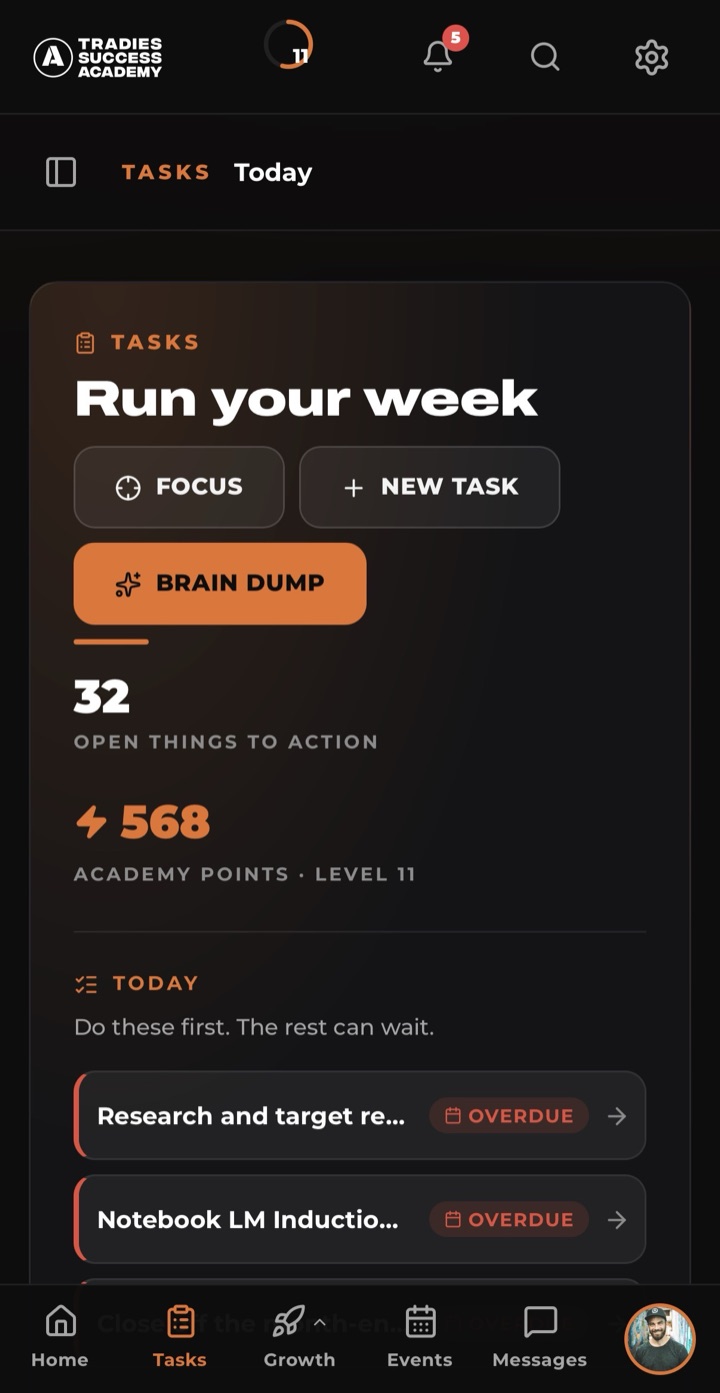 The Tradies App tasks screen: run your week