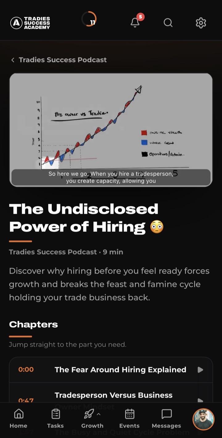 A chaptered hiring lesson inside the Tradies App