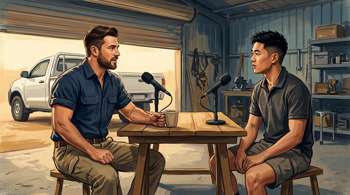 Two young trade business owners sitting across a table in a shed with microphones between them, mid conversation