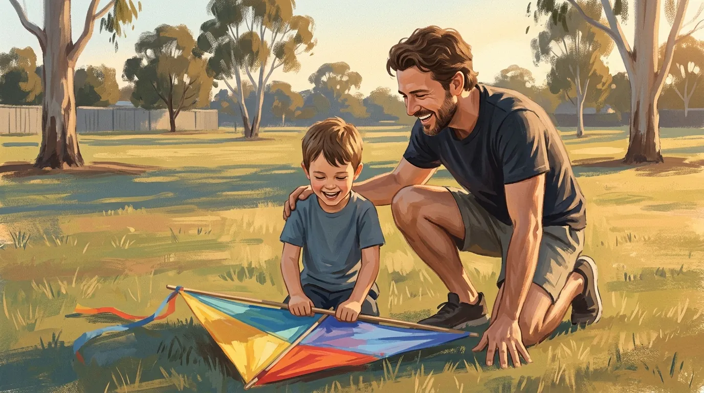 A trade business owner kneeling on the grass with his young son on a Sunday afternoon, both working on a kite, the phone nowhere in sight