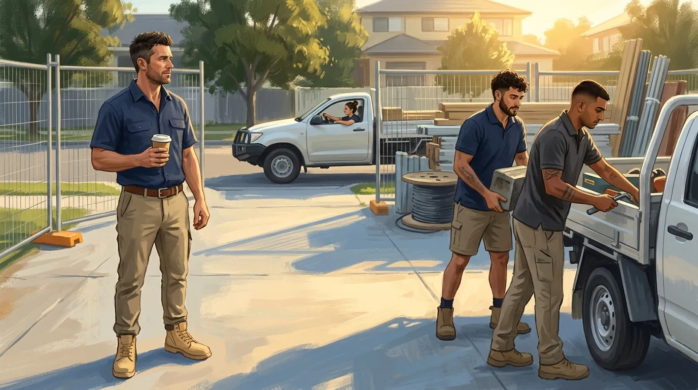 A crew loading their own utes in the yard while the owner stands to one side with a coffee